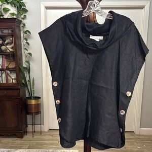 Black Sleeveless Blouse with Boxy Design and Buttoned Accents  100 % Linen